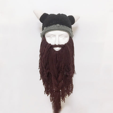 Funny Crazy Halloween Cosplay Men Knit Viking Beard Horn Hat Ski Mask Cap Barbarian Vagabond Cool Beanie Winter Warm Unisex Hat Brown_Free size