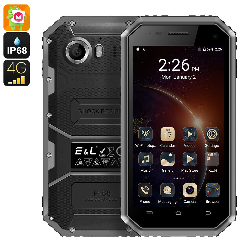 Ken Xin Da W6 Rugged Smartphone - IP68, Dual SIM, 4G, Quad Core CPU, Shock Proof, Android 6.0 (Black)