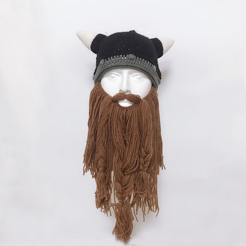 Funny Crazy Halloween Cosplay Men Knit Viking Beard Horn Hat Ski Mask Cap Barbarian Vagabond Cool Beanie Winter Warm Unisex Hat brown_Free size