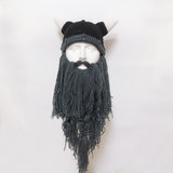 Funny Crazy Halloween Cosplay Men Knit Viking Beard Horn Hat Ski Mask Cap Barbarian Vagabond Cool Beanie Winter Warm Unisex Hat light gray_Free size