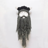 Funny Crazy Halloween Cosplay Men Knit Viking Beard Horn Hat Ski Mask Cap Barbarian Vagabond Cool Beanie Winter Warm Unisex Hat light gray_Free size