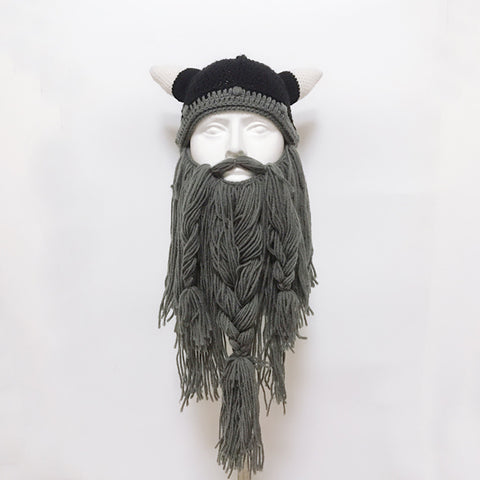 Funny Crazy Halloween Cosplay Men Knit Viking Beard Horn Hat Ski Mask Cap Barbarian Vagabond Cool Beanie Winter Warm Unisex Hat Navy_Free size