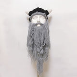 Funny Crazy Halloween Cosplay Men Knit Viking Beard Horn Hat Ski Mask Cap Barbarian Vagabond Cool Beanie Winter Warm Unisex Hat light gray_Free size