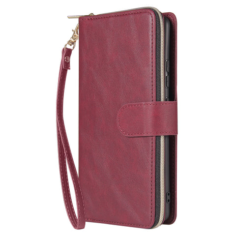 For Samsung S10/S20/S10E/ S10 Plus Pu Leather  Mobile Phone Cover Zipper Card Bag + Wrist Strap Red wine