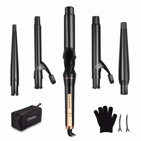 Curling Irons, O'Bella 5 in 1 Curling Wands, Metal Handle 0.5-1.25 Inch 5 Interchangeable Barrels, Hair Curler Set with Ceramic Tourmaline Coating, Dual Voltage, 5 Temp Setting for Any Hairstyle