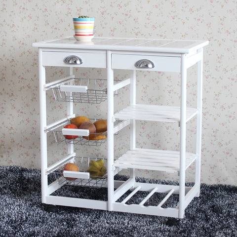 Kitchen & Dining Room Cart 2-Drawer 3-Basket 3-Shelf Storage Rack with Rolling Wheels White