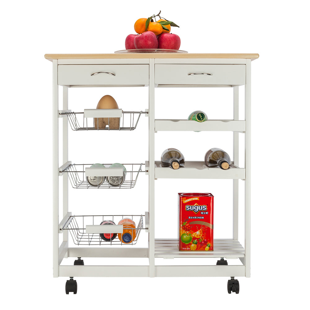 Moveable Kitchen Cart with Two Drawers & Two Wine Racks & Three Baskets White