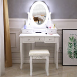 Single Mirror 5 Drawer Dressing Table White with Light Bulb