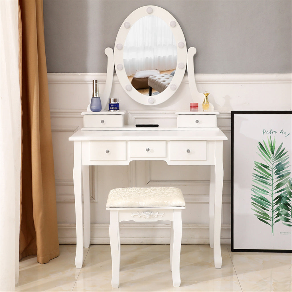 Single Mirror 5 Drawer Dressing Table White with Light Bulb