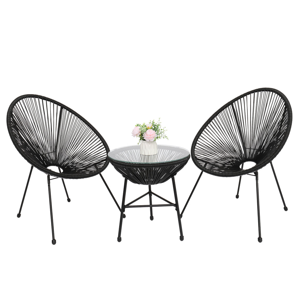 3-Piece All-Weather Patio Acapulco Bistro Furniture Set with 2 Chairs & Glass Top Table Black