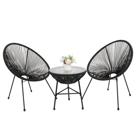 3-Piece All-Weather Patio Acapulco Bistro Furniture Set with 2 Chairs & Glass Top Table Black