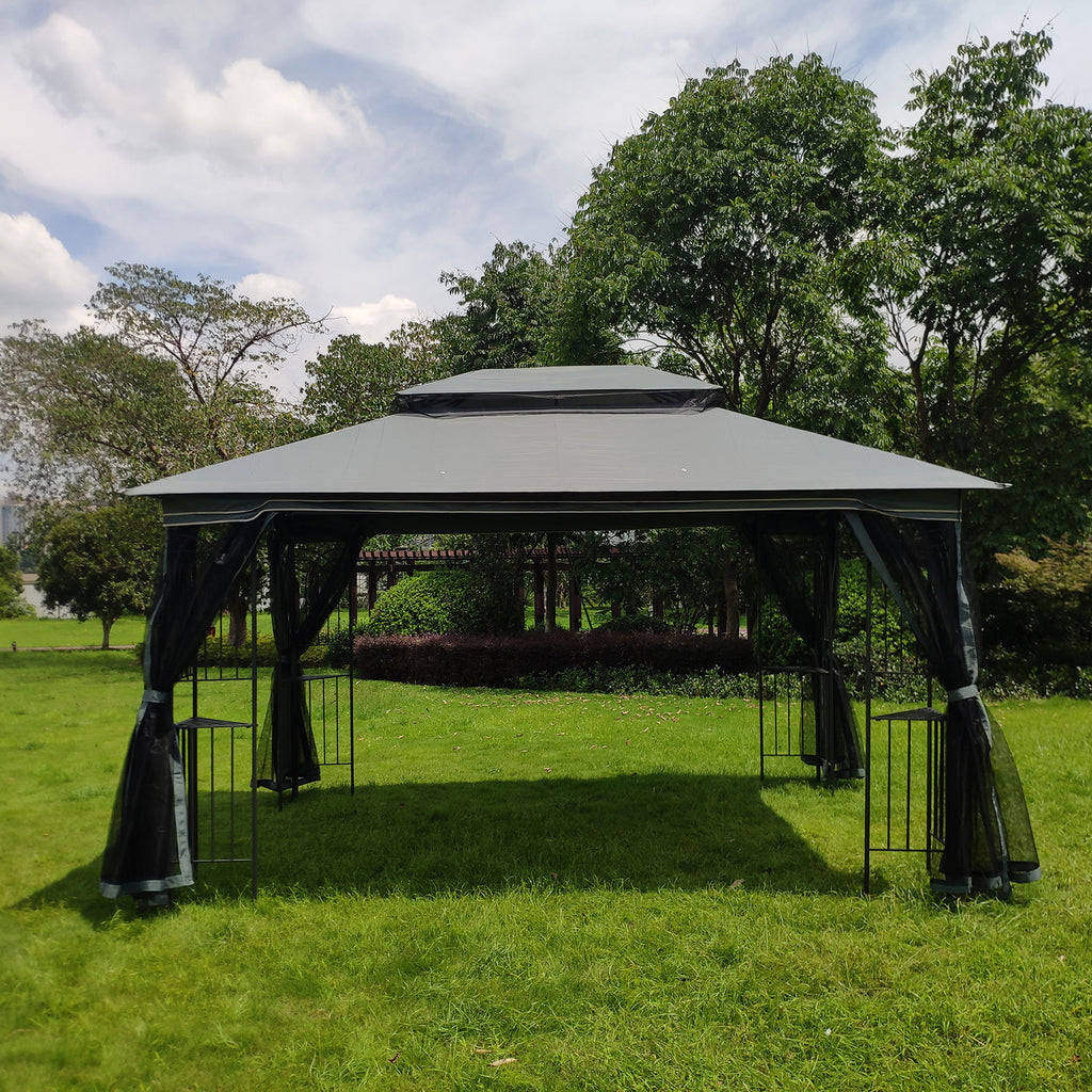 13x10 Outdoor Patio Gazebo Canopy Tent With Ventilated Double Roof And Mosquito Net(Detachable Mesh Screen On All Sides),Suitable for Lawn, Garden, Backyard and Deck,Gray Top