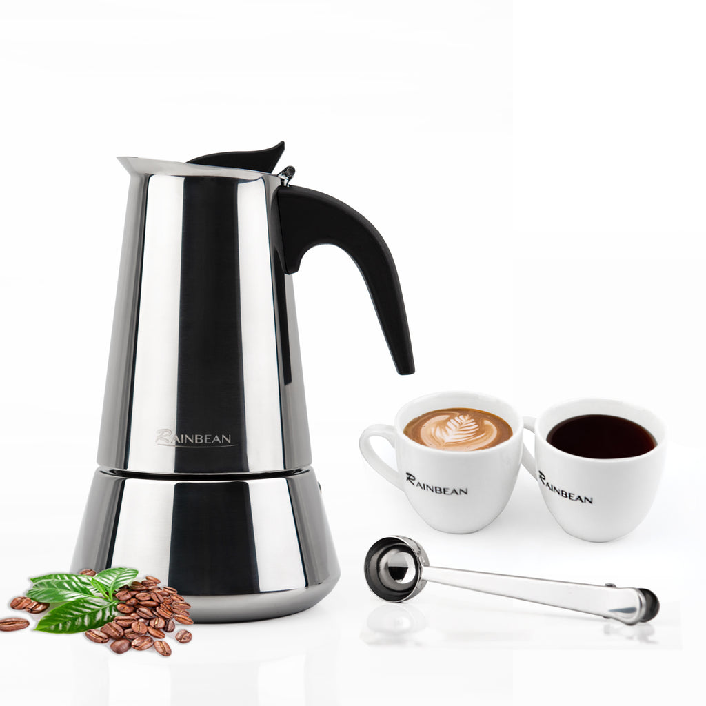 RAINBEAN Stovetop Espresso Maker stainless steel 6 Cup Espresso Moka Pot for Full Flavored Espresso (2 cups,1 spoon)