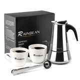 RAINBEAN Stovetop Espresso Maker stainless steel 6 Cup Espresso Moka Pot for Full Flavored Espresso (2 cups,1 spoon)