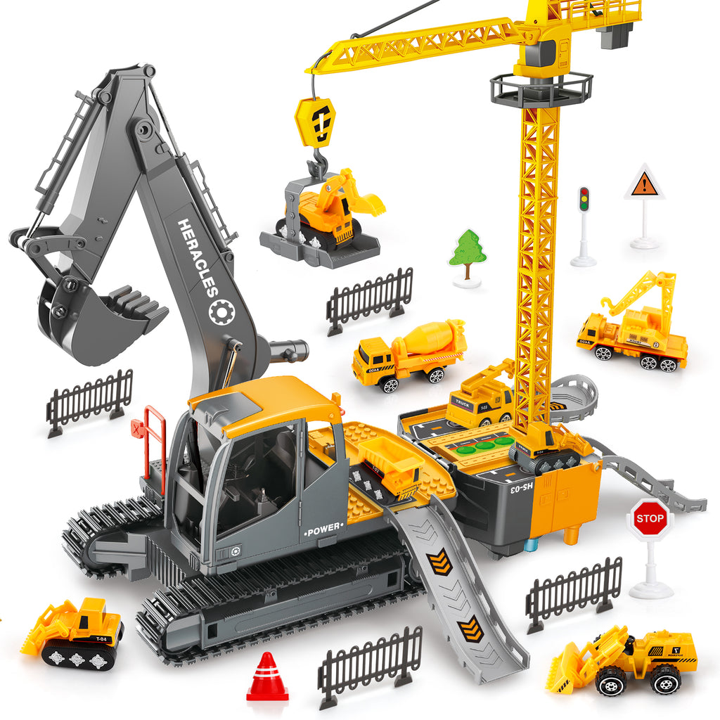 (ABC) Construction Truck Toys for 3 to 6 Year Old children, Big Excavator Toy Engineering Vehicles with Play Mat, Large Tower Crane, 8 Mini Truck & Road Signs (DNSOA)