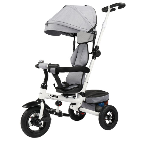 Kids Tricycle，Kids Folding Steer Stroller with Rotatable Seat, Adjustable Push Handle & Canopy, Safety Harness, Storage Bag