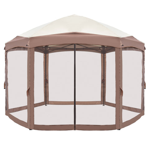 Khaki Top Fabric, Dark Brown Edge, White Bracket, Hexagonal Arc Top Folding Shed, 6 Veils And Net Cloth, With Black Bag, Folding Shed