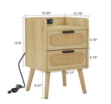 set of 2 Rattan nightstand with socket side table natural handmade rattan（2PC,Natural ,15.55’’W*13.78’’D*23.82’’H）