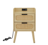 set of 2 Rattan nightstand with socket side table natural handmade rattan（2PC,Natural ,15.55’’W*13.78’’D*23.82’’H）