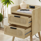 set of 2 Rattan nightstand with socket side table natural handmade rattan（2PC,Natural ,15.55’’W*13.78’’D*23.82’’H）