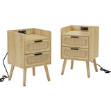 set of 2 Rattan nightstand with socket side table natural handmade rattan（2PC,Natural ,15.55’’W*13.78’’D*23.82’’H）