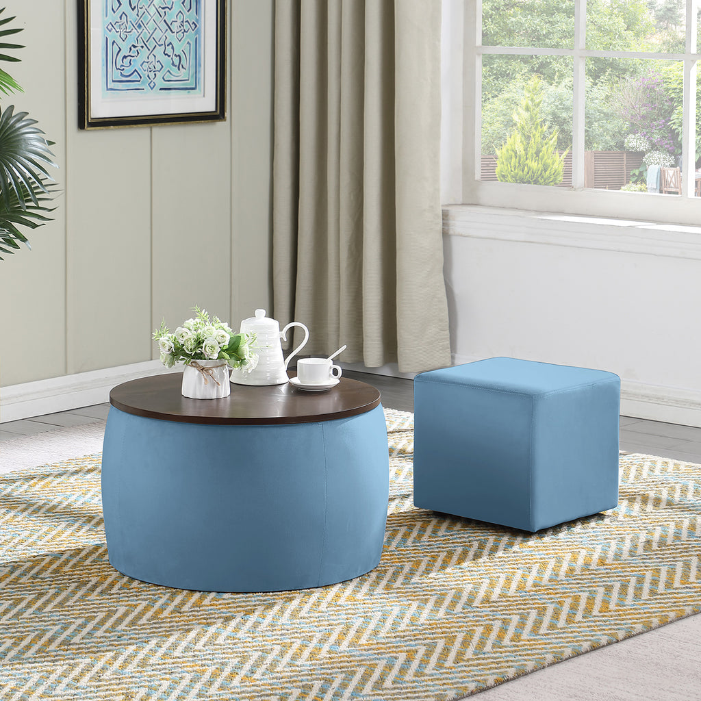 Round Ottoman Set with Storage, 2 in 1 combination, Round Coffee Table, Square Foot Rest Footstool for Living Room Bedroom Entryway Office