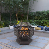 22" Hexagonal Shaped Iron Brazier Wood Burning Fire Pit Decoration for Backyard Poolside