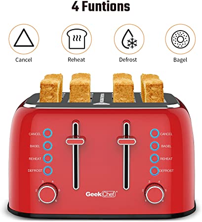 Toaster 4 Slice, Geek Chef Retro Red Extra Wide Slot, Independent temperature control Toaster ,Reheat,Defrost,Cancel 4 Function, 6-Shade Settings, High Auto Pop-Up.