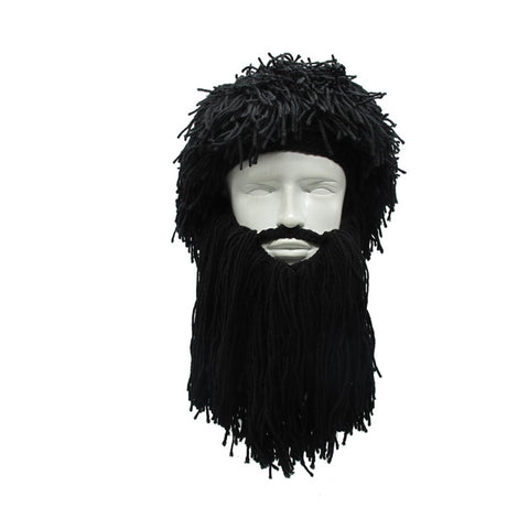 Funny Crazy Halloween Cosplay Men Knit Beard Horn Hat Ski Mask Cap Barbarian Vagabond Cool Beanie Winter Warm Unisex Hat black