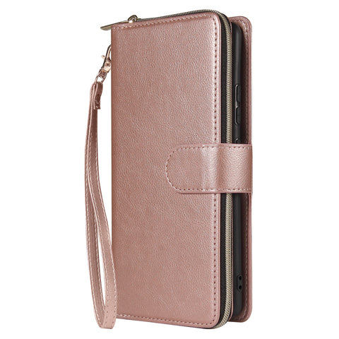 For Samsung S10/S20/S10E/ S10 Plus Pu Leather  Mobile Phone Cover Zipper Card Bag + Wrist Strap Rose gold