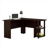 L-Shaped Wood Right-angle Computer Desk with Two-layer Bookshelves Dark Brown