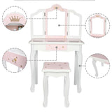 Wooden Toy Children's Dressing Table Three Foldable Mirror/Chair/Single Drawer Pink Star Style *