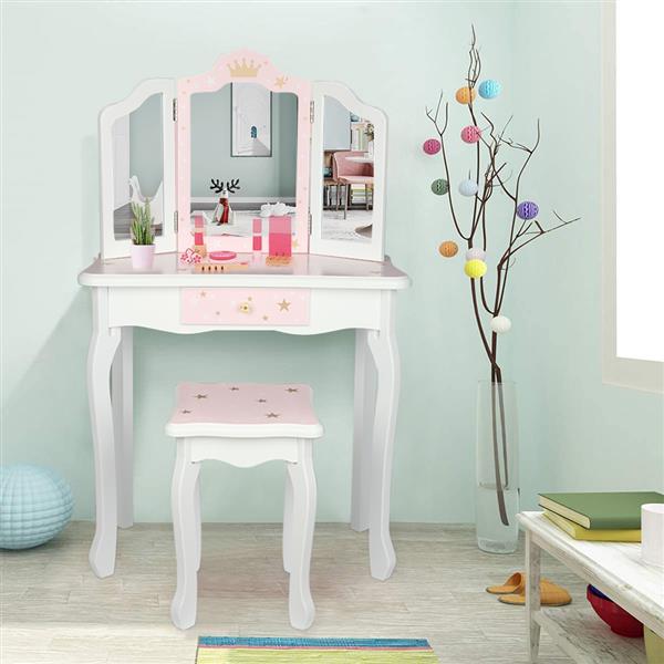 Wooden Toy Children's Dressing Table Three Foldable Mirror/Chair/Single Drawer Pink Star Style *