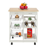 Moveable Kitchen Cart with Two Drawers & Two Wine Racks & Three Baskets White