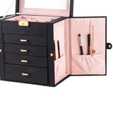 Synthetic Leather Huge Jewelry Box Mirrored Watch Organizer Necklace Ring Earring Storage Lockable Gift Case Black