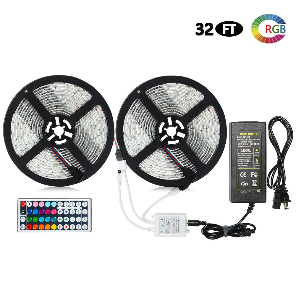 2 Packed 16.4 FT 150 LEDs SMD 5050 RGB Strip Light Kit Weather-proof Color Changing Strong Adhesive Decoration Lighting with 44-key Remote Control and 5A US Power Adapter