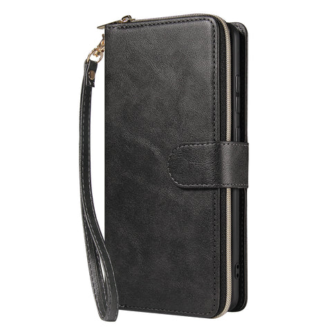 For Samsung S10/S20/S10E/ S10 Plus Pu Leather  Mobile Phone Cover Zipper Card Bag + Wrist Strap black