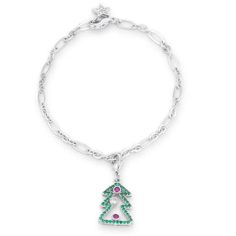 Christmas Tree 0.35ct CZ Rhodium Holiday Charm Bracelet