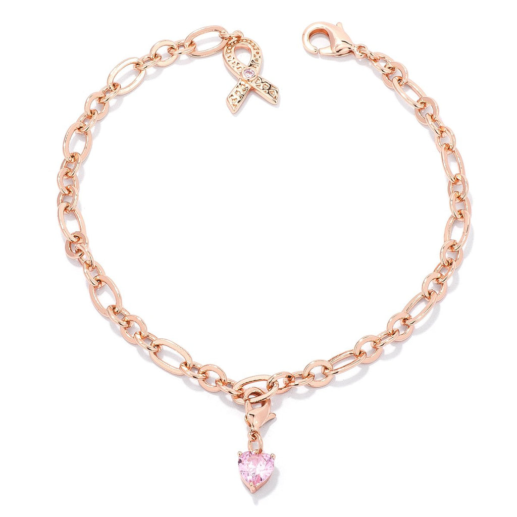 Rose Gold Plated Breast Cancer Awareness Ribbon and Heart Charm Bracelet