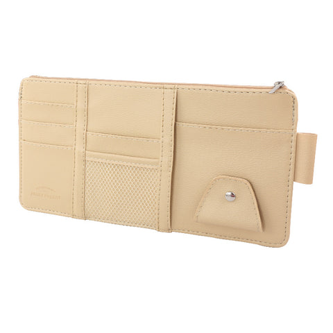 Car Sun Visor Card Holder Glasses Clip with Mobile Phone Bag Beige