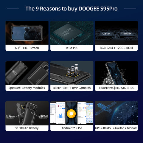 DOOGEE S95 Pro Mobile Phone 6.3inch Smartphone 5150mAh Helio P90 CPU 8GB RAM+128GB ROM 48MP+16MP+8MP Camera Black_RU version