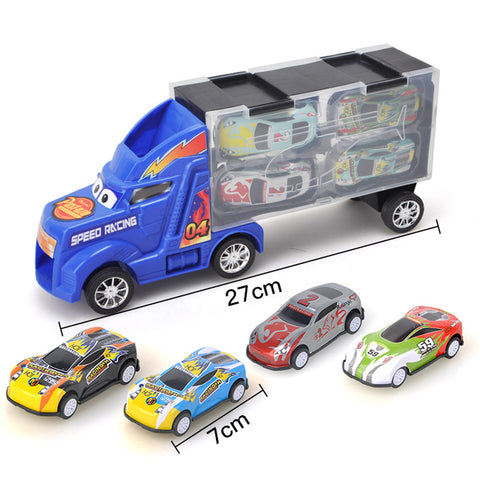 Kids Boys Simulate Container Car with 4 Pull Back Metal Cars Toy Set blue