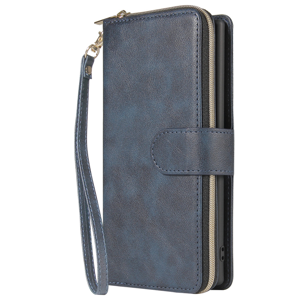 For Samsung A51 5G/A71 5G/Note 10 pro Pu Leather  Mobile Phone Cover Zipper Card Bag + Wrist Strap blue