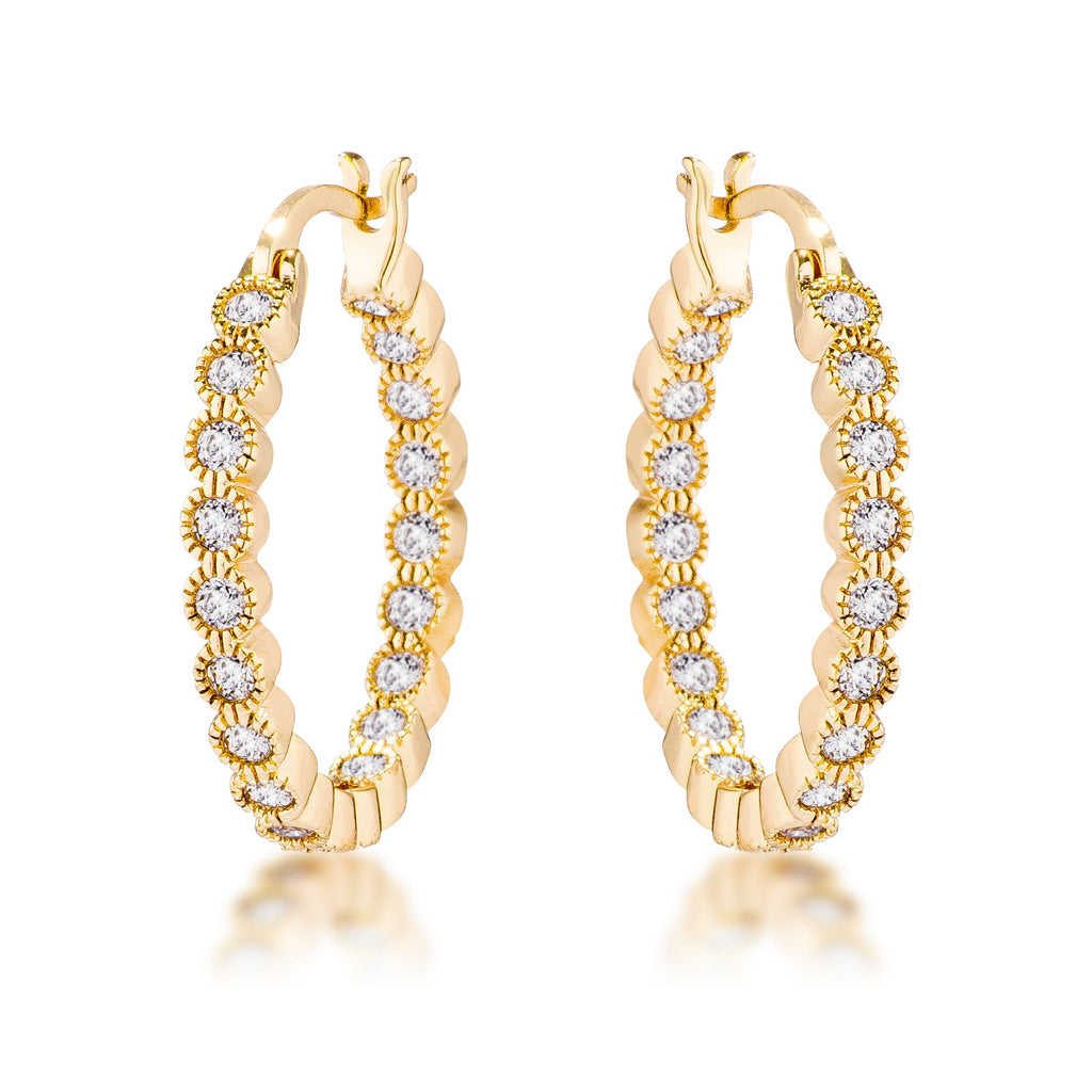 Gold Plated Dotted Clear CZ Round Bezel Hoop Earrings