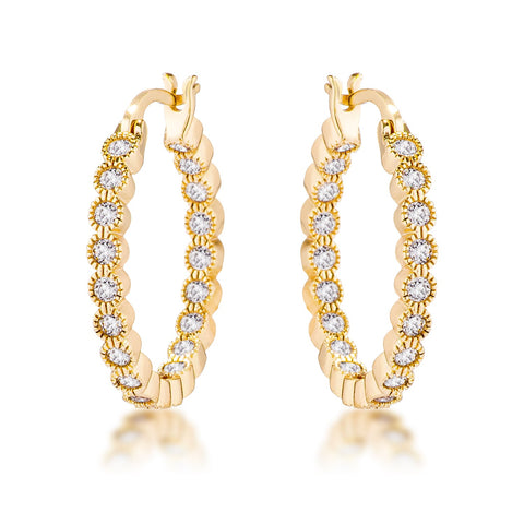 Gold Plated Dotted Clear CZ Round Bezel Hoop Earrings