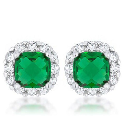 Liz 2ct Emerald CZ Rhodium Classic Cushion Stud Earrings