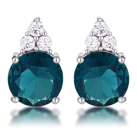 Simple Rhodium Plated 9mm Blue Green CZ Stud Earring