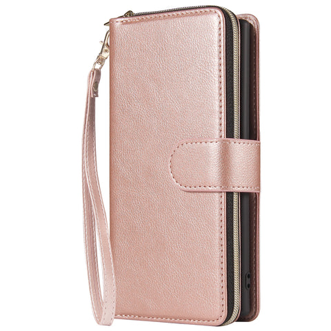 For Samsung A51 5G/A71 5G/Note 10 pro Pu Leather  Mobile Phone Cover Zipper Card Bag + Wrist Strap Rose gold