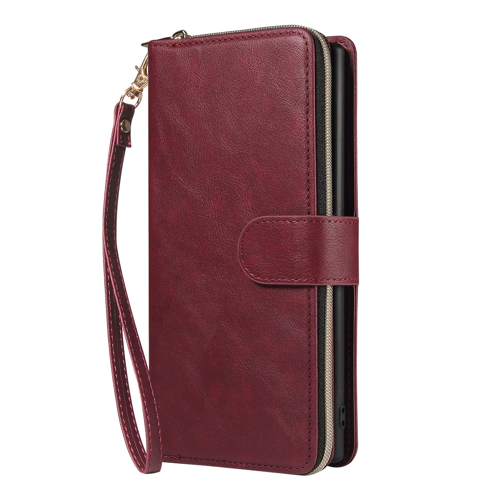 For Samsung A51 5G/A71 5G/Note 10 pro Pu Leather  Mobile Phone Cover Zipper Card Bag + Wrist Strap Red wine