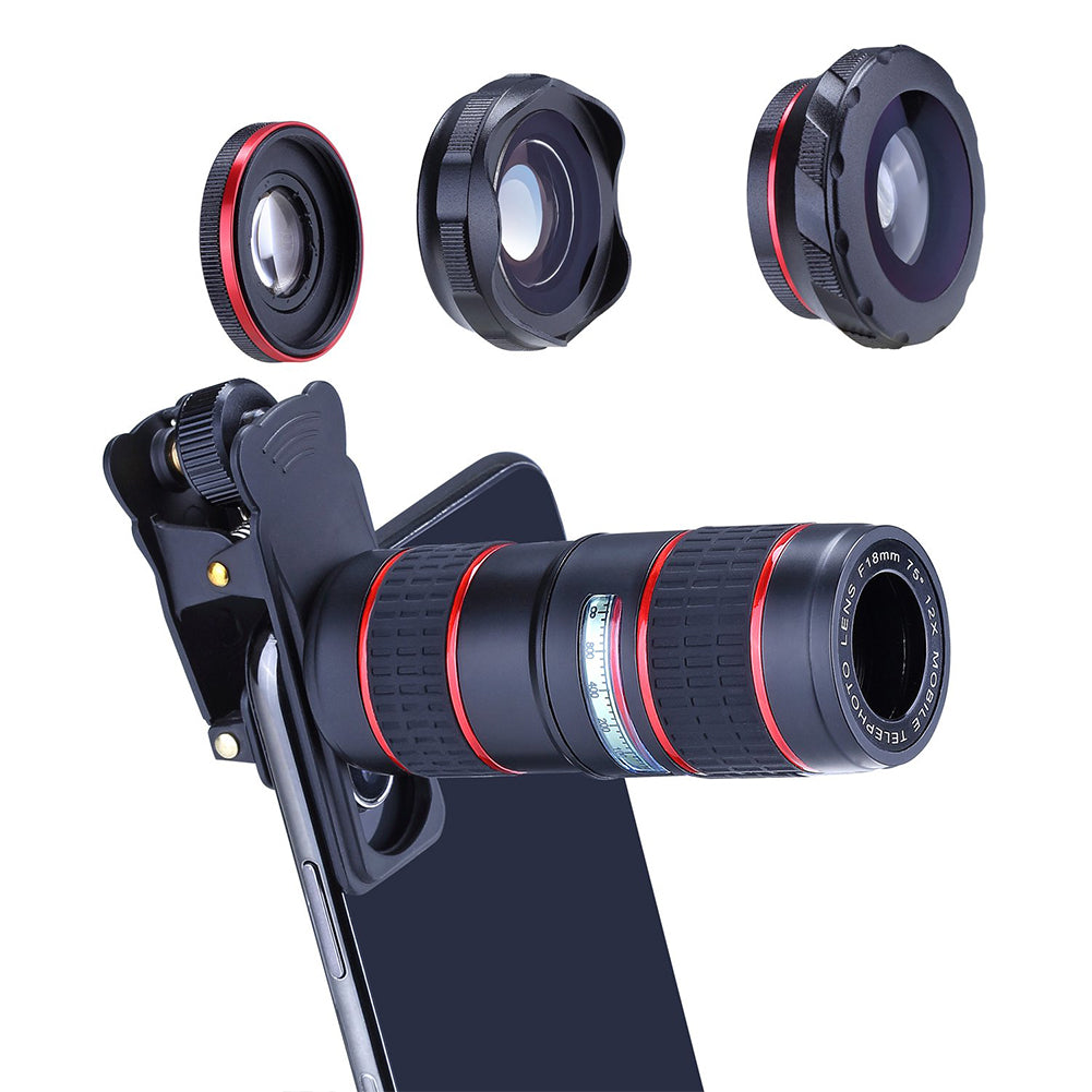 Phone Camera Zoom Lens Kit for iOS Android Smartphones, 5 in 1 HD 180ø Fisheye Lens, 0.36X Wide Angle Lens, 15X Macro Lens and 12X Telephoto Lens Camera Lens for Tablet PC Five-in-one suit